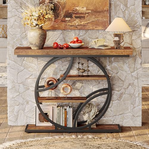 Huuger Rustic Brown Entryway Table 41.3 Inch with Curved Metal Frame, 11.8"D x 41.3"W x 31.5"H