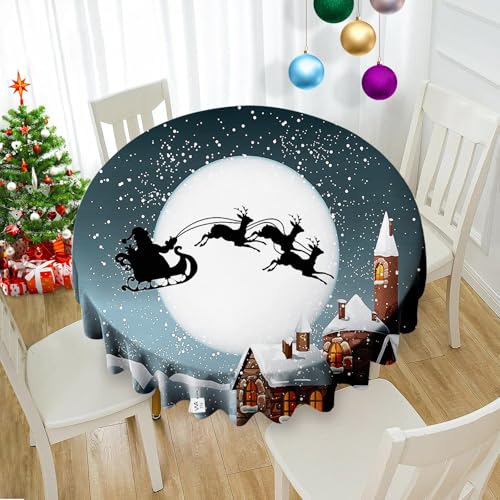 VVA 50 Inch Round Christmas Tablecloth with Santa Sleigh Snow Scene - Vintage Grey