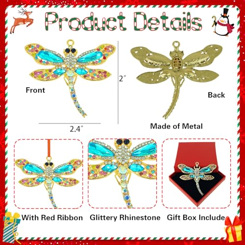 TuquLand Dragonfly Christmas Ornament 2026 - Rhinestone Metal Tree Decor - Variation: Dragonfly1