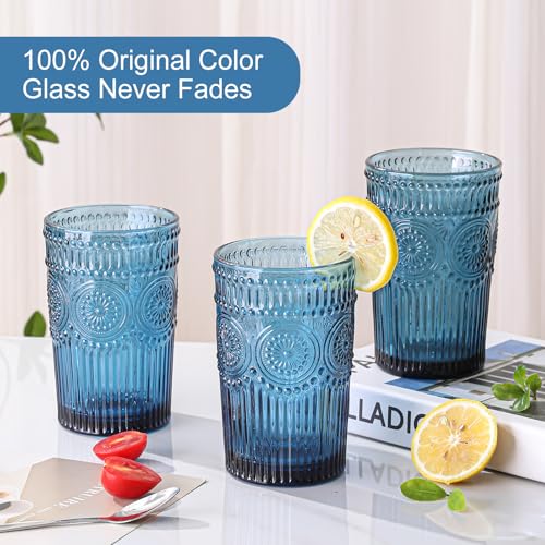 13oz Vintage Flower Drinking Glasses Set with Straws - 6 Piece Blue Glassware