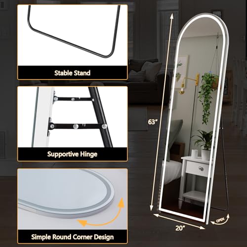 Arched LED Full Length Mirror 20"x63" - Dimmable Lighted Floor Mirror