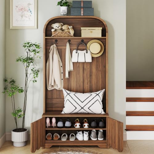 Narrow Hall Tree with Storage Bench and Shoe Cabinet, Walnut Finish