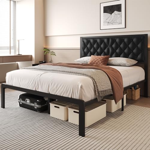 Queen Size Upholstered Platform Bed Frame with Headboard and Storage