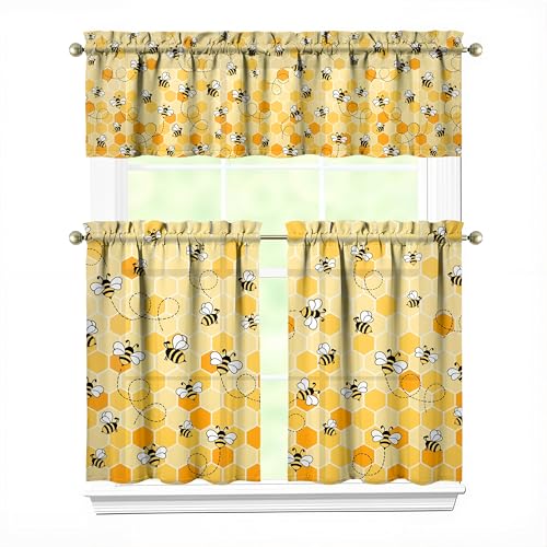 Bee Kitchen Curtains and Valances Set - 3pcs Light Filtering Drapes 27.5x36 inch