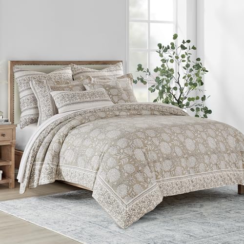 Floral Print Euro Sham, 26x26 inch Cotton Decorative Pillow Cover, Taupe