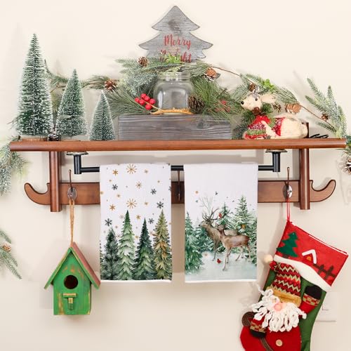 Arkeny Christmas Kitchen Towels Set of 2 - Green Tree Reindeer, Green & Gold