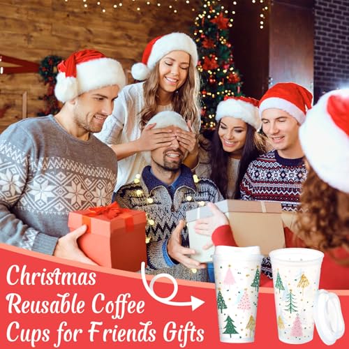 Bokon 12 Pack Clear Plastic Cups with Lids 16oz Boho Christmas Tree Design