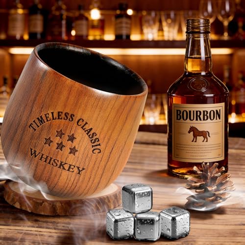 SALUNA 2 Pack Charred Wooden Bourbon Drinking Glasses - Oak Whiskey Tumbler, Personalized Gifts for Men & Dad