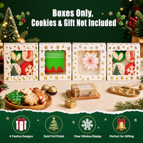 TEMLQPACK White 24 Pack Gold Foil Christmas Cookie Boxes 4.3x4.3x1.2 Inches