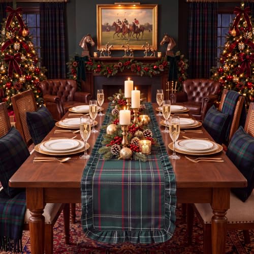 Moukeren 2-Pack Christmas Tartan Plaid Table Runners with Ruffle - Farmhouse Style, 16x70 Inches