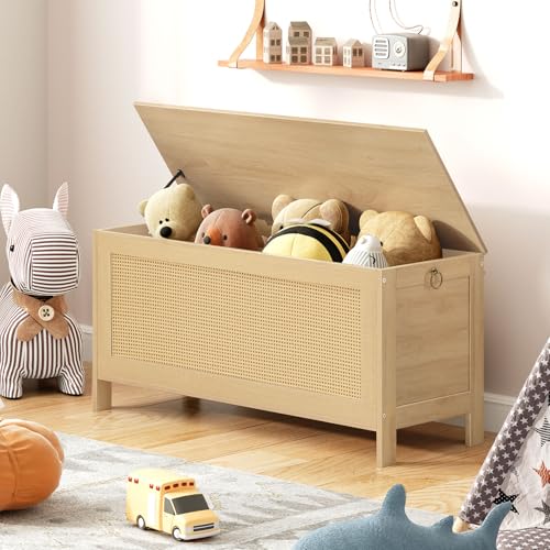 39.4-Inch Storage Bench with Faux Rattan Front and Safety Hinge