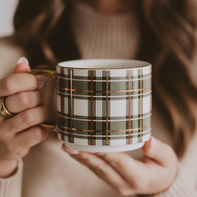 Sweet Water Decor Green Plaid Coffee Mug 14oz - Christmas Holiday Cup with Gold Handle