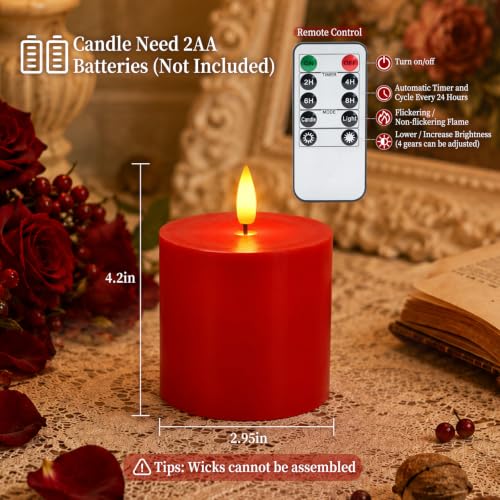 Homemory 3x3 Red Flameless Candles with Remote Timer, Battery Operated 3PC