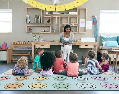 Pastel Rainbow Smiley Face Classroom Area Rug - 7'6" x 12', Seats 28