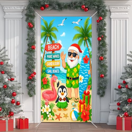 Christmas Surfboard Santa Door Cover Banner 71 x 35 Inches Holiday Decor