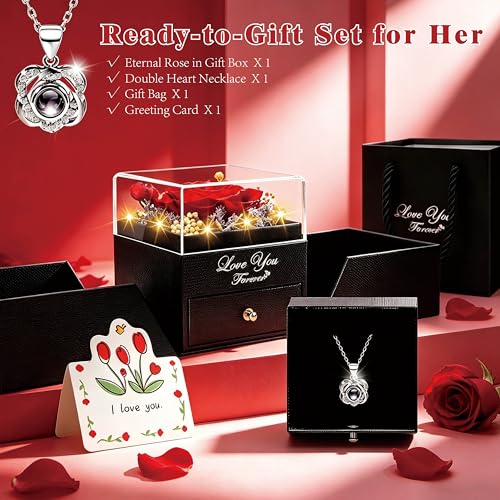 Preserved Real Red Rose Box with Heart I Love You Necklace Gift Set