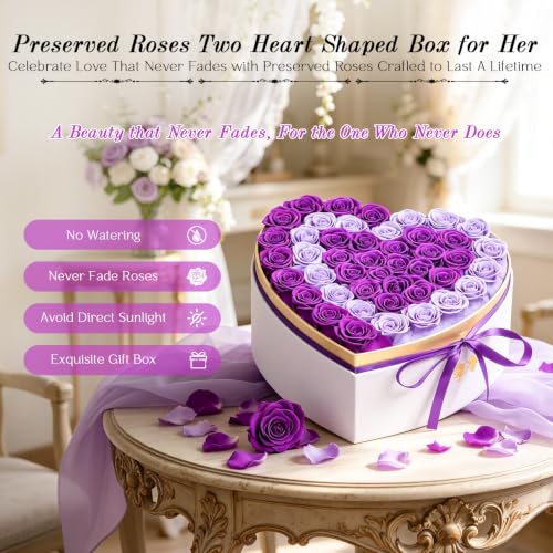 Eluvian Forever Flowers Purple Roses Two Heart-Shaped Box Gift for Women - Anniversary, Valentine's, Wedding
