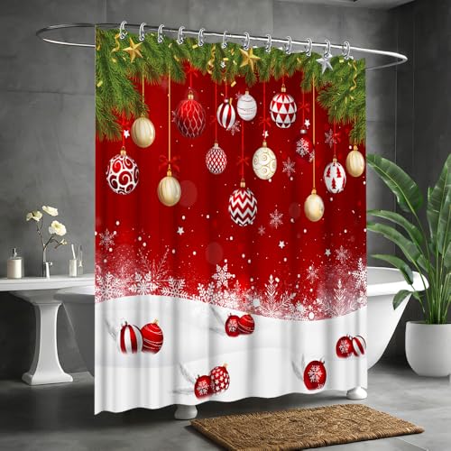Red Christmas Shower Curtain 72x72 Inches Waterproof Fabric with Hooks