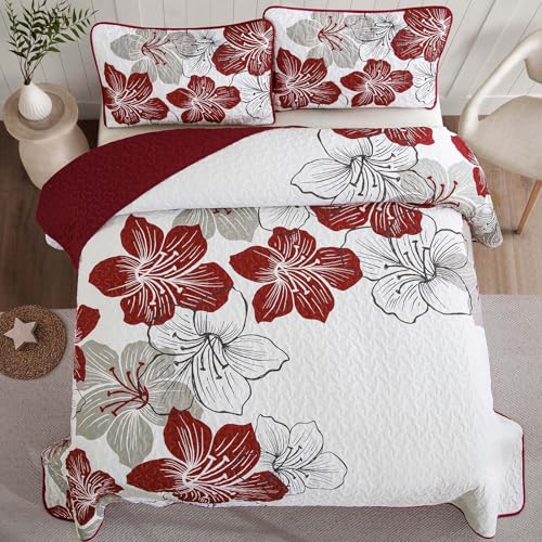 King Size Christmas Red Floral Boho Quilt Set 3 Pieces - DJY