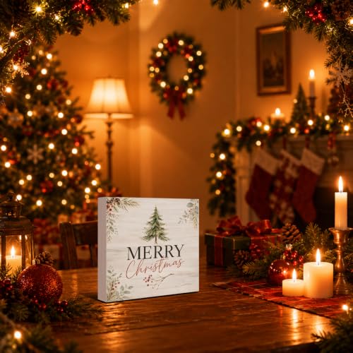 Farmhouse Christmas Decor Merry Christmas Wooden Sign with Tree Design
