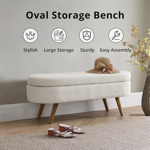 Align Living Beige Storage Ottoman Bench 43.5" with Safety Hinge - Modern Upholstered Footstool for Bedroom & Living Room
