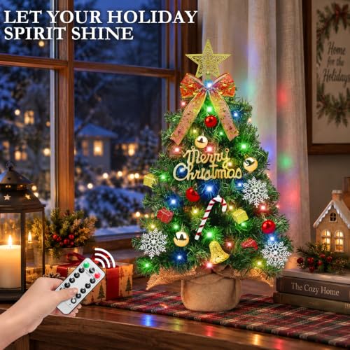 TURNMEON 2ft Tabletop Christmas Tree with Lights, Burlap Base, 24" Mini Xmas Tree