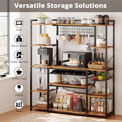 62-Inch Kitchen Bakers Rack with Power Outlets, Wine Storage, and 5 Shelves