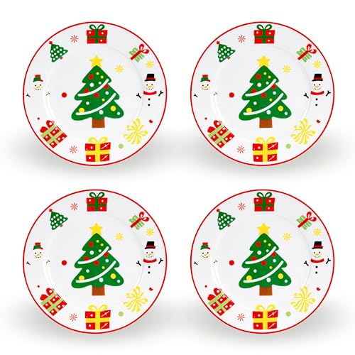 8-inch Fine Bone China Christmas Dessert Plates Set of 4, Red Green Holiday Design in Gift Box
