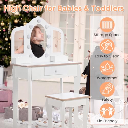 Kids Vanity Table Set with Tri-Fold Lighted Mirror and Stool, White