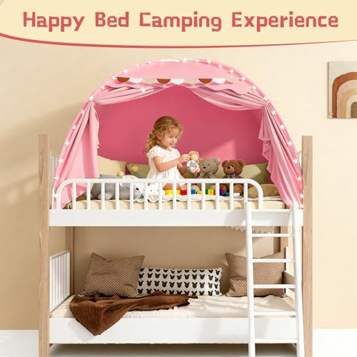 Indoor Twin Bed Tent Canopy for Kids with Star Lights & Flags, Pink