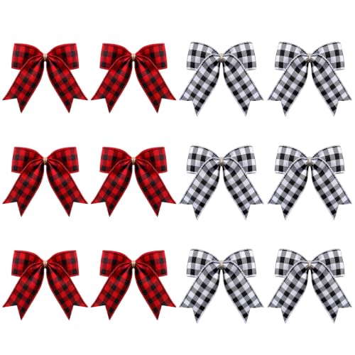 Buffalo Plaid Christmas Bows 12 Pack 4x4 inches Velvet Black Red DIY Gift Decoration