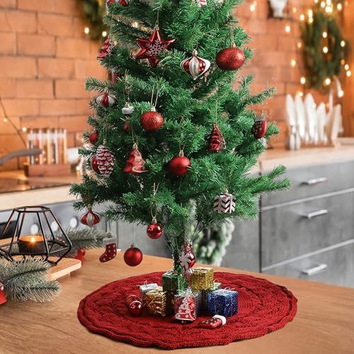 Mr. Pen Christmas Tree Skirt 36 Inch Red Knitted Holiday Decor