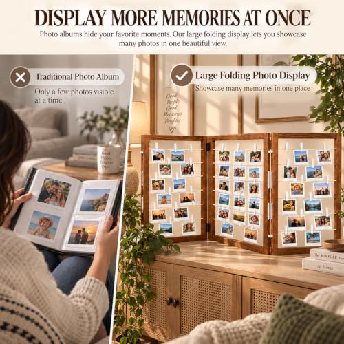 36x24 Inch Wooden Photo Hanging Boards with Clips - 2-Panel Rustic Display