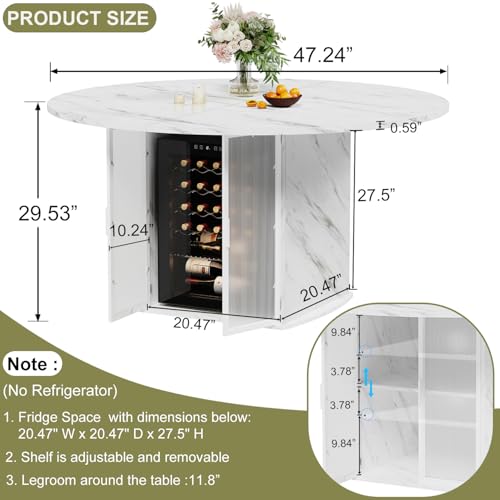 47-Inch Round Faux Marble Dining Table with Storage Cabinet and Fridge Space