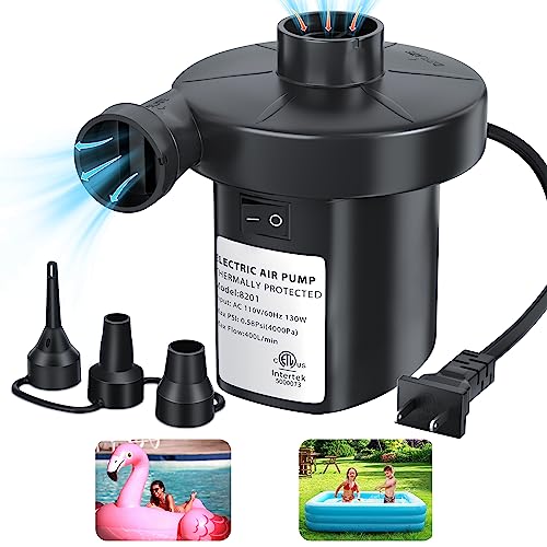Electric Air Pump for Inflatables - 130W AC Inflator Deflator with 3 Nozzles