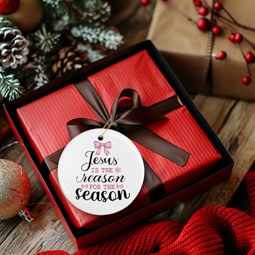 DIENADFX Jesus Ceramic Christmas Ornament Pink Bow Holiday Decor Religious Gift