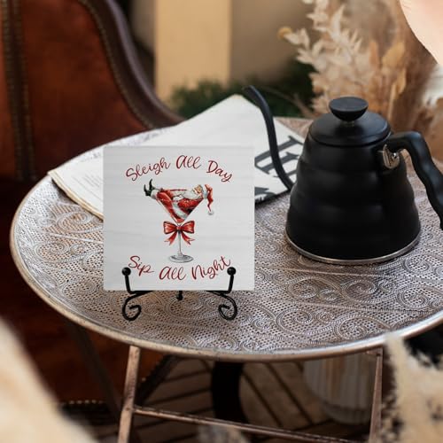 Santa Martini Christmas Wood Desk Sign with Stand - 5x5in, Red Bow, SkipTiger (Variation: Santa Martini)