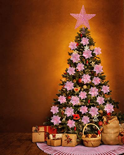 Pink Christmas Decorations Set - Tree Skirt, Star Topper & Glitter Flowers, 38 pcs