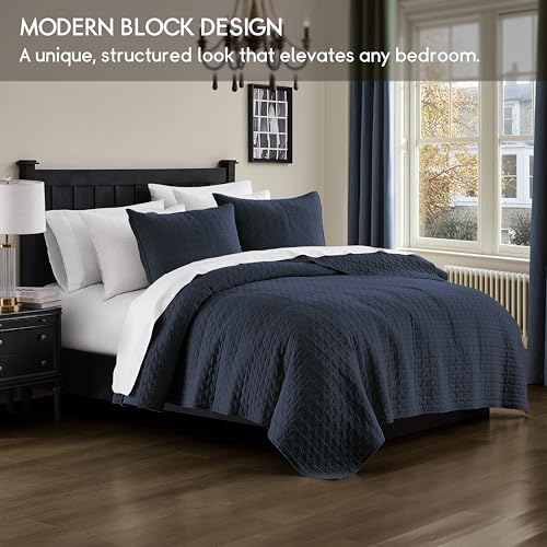Navy Blue 100% Cotton Queen Quilt Set - 3-Piece Lightweight Bedspread