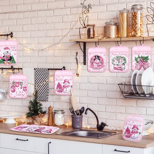 Jingmore Pink Christmas Pot Holders with Pocket, 12-Pack, Snowflake & Gnome Design, Heat Resistant Oven Gloves for Baking & Cooking