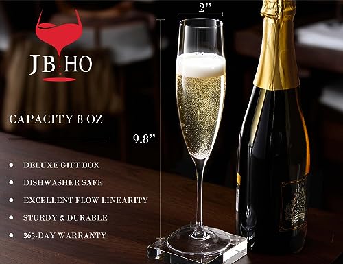 JBHO Set of 4 Hand Blown Lead-Free Crystal Champagne Flutes - Elegant Gift Box, 8oz, Wedding & Celebration Glassware
