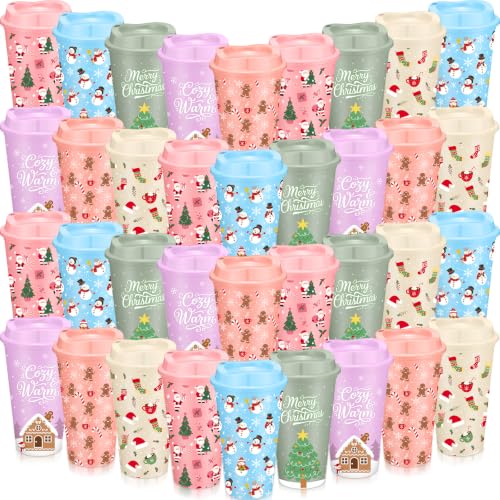 36 Pack Christmas Coffee Cups with Lids, 16oz, Pastel Assorted Patterns - Acellegic