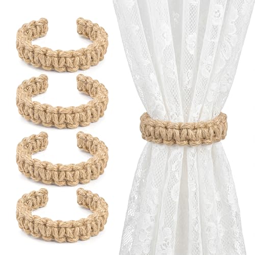 Braided Boho Curtain Tiebacks, 4 Pack Adjustable Jute Holdbacks
