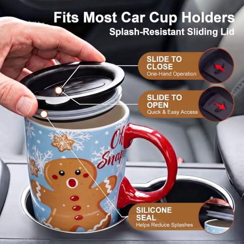 Topadorn Light Blue Christmas Ceramic Travel Mug with Gingerbread Man Lid 17oz