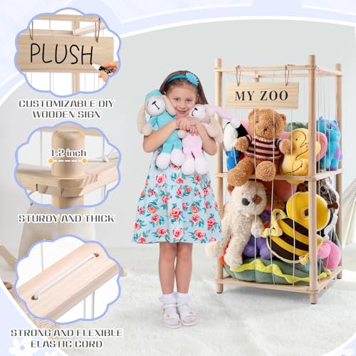 Wooden Stuffed Animal Storage Zoo with Elastic Cords, Small Toy Organizer