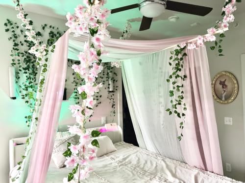 Pink Kids Bed Canopy Tulle Panels for House Beds with 4 Bow Tiebacks