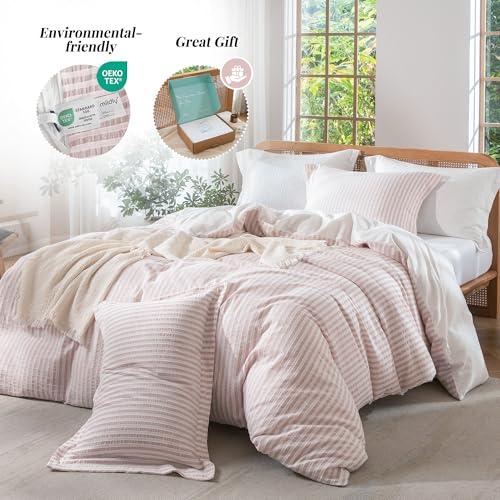 Pink Boho Jacquard Striped Queen Duvet Cover Set - 100% Washed Cotton, 3 Piece