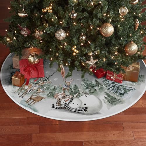 36-Inch Christmas Tree Skirt with Snowman & Reindeer Pattern, Rope Ties