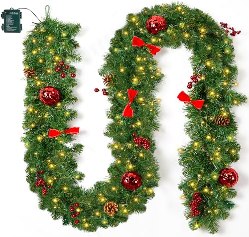 Brightown Ornaments Christmas Garland with Lights, 9Ft Prelit Holiday Decor