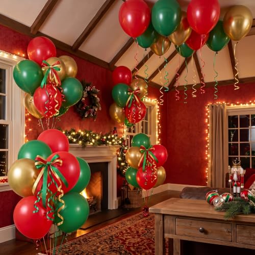 Red Green Gold Christmas Ceiling Balloon Kit with Ribbons & String - 30pcs